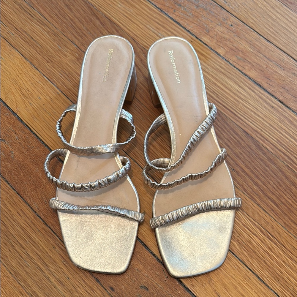 Reformation Metallic Gold Ruched Strap Slide Sandals